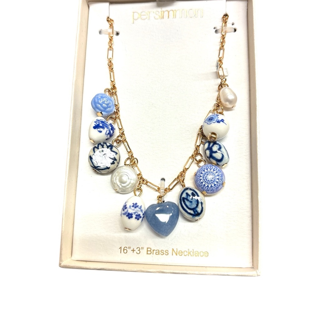Persimmon Gold Necklace with Blue and White Charms NIB
